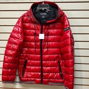 NWT Calvin Klein Men Red Hooded Super Shine Puffer Jacket Size Large
